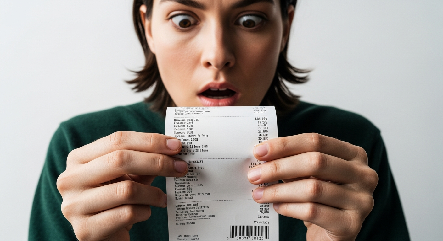 person looking at expensive grocery receipt with a shocked expression