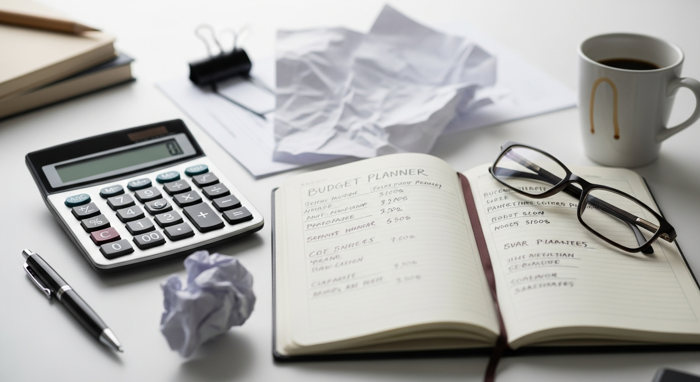 calculator and budget planner notebook on a messy desk