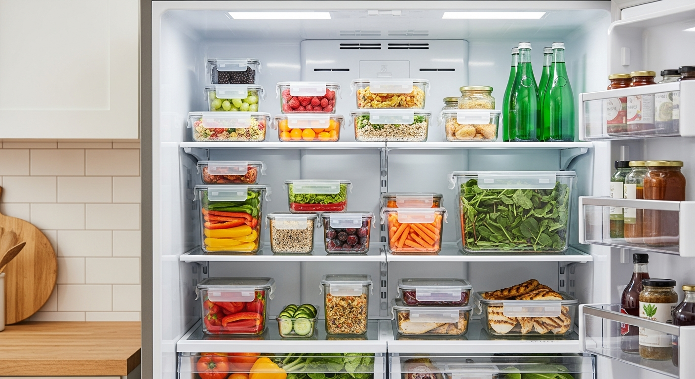 neatly organized modern refrigerator with clear food containers