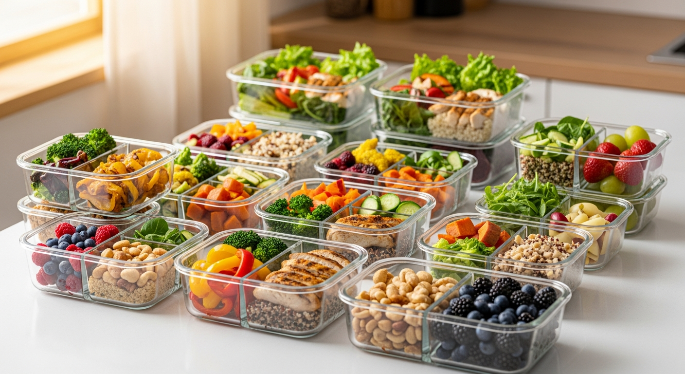 healthy meal prep containers arranged on a kitchen counter