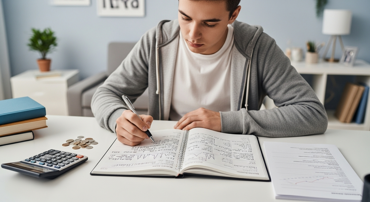 college student calculating budget on notebook