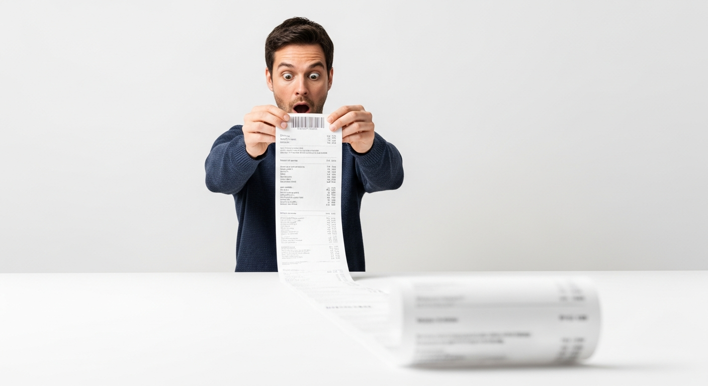 shocked person looking at long grocery receipt