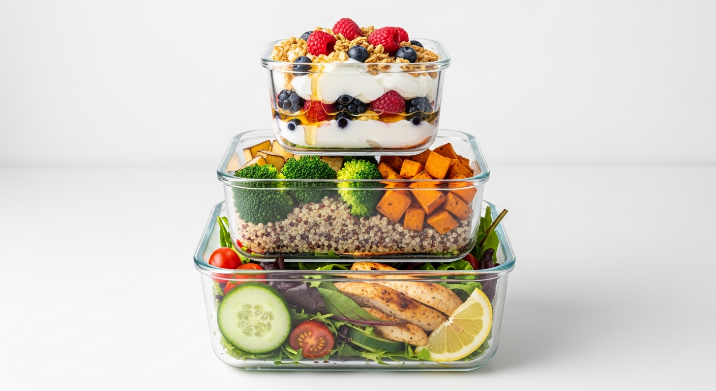 stacked glass containers with healthy meal prep food