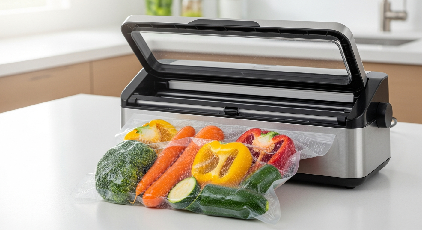 vacuum sealer preserving fresh vegetables on kitchen counter