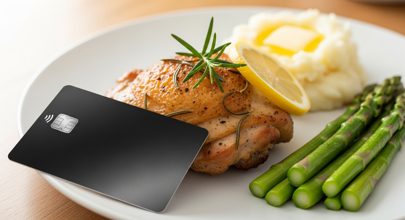 credit card next to a simple delicious home cooked meal