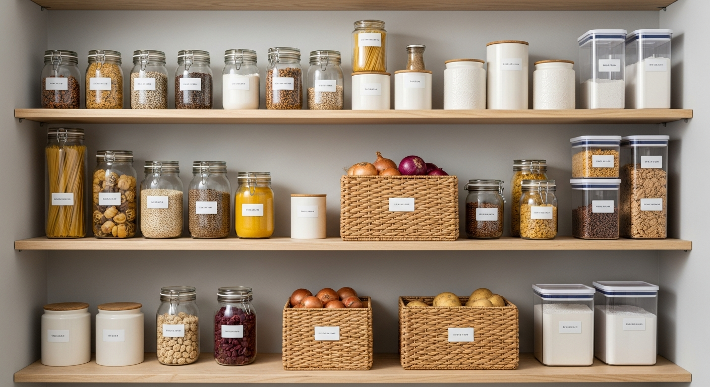 organized kitchen pantry shelves