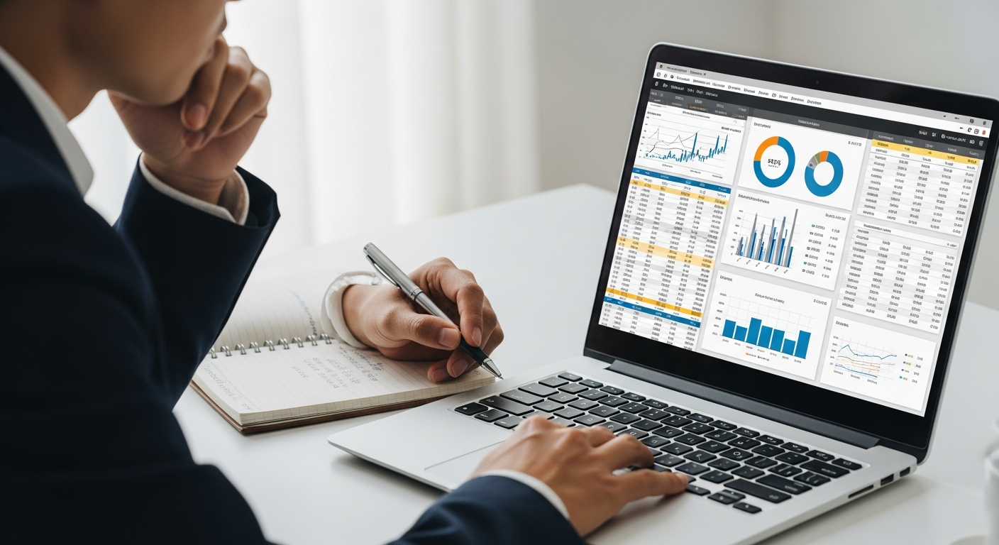 person analyzing financial data laptop