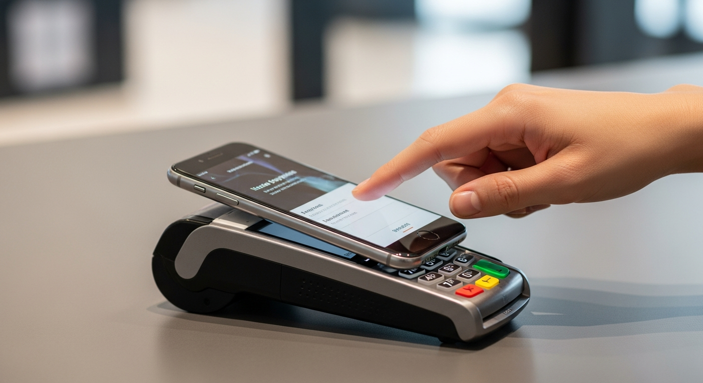 person tapping smartphone mobile payment terminal
