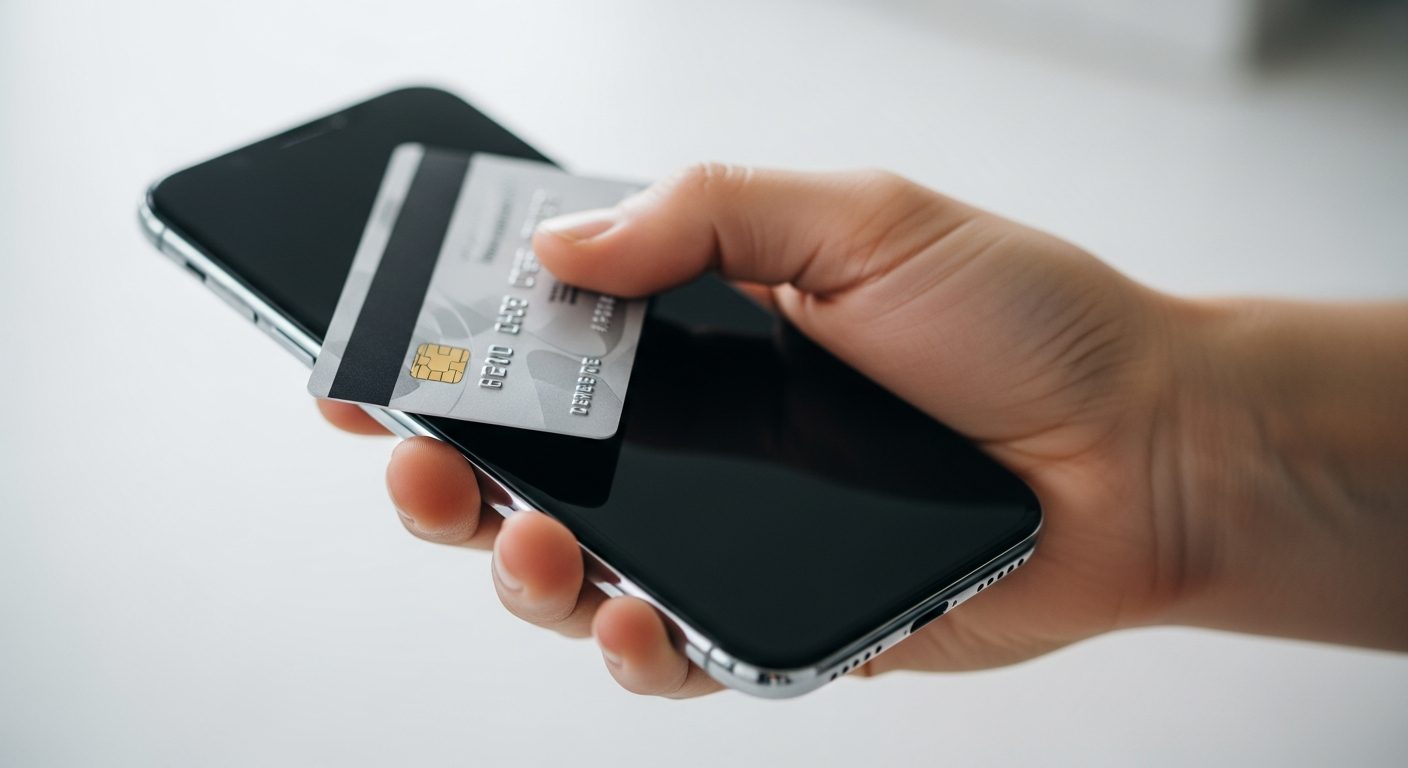 hand holding smartphone and credit card