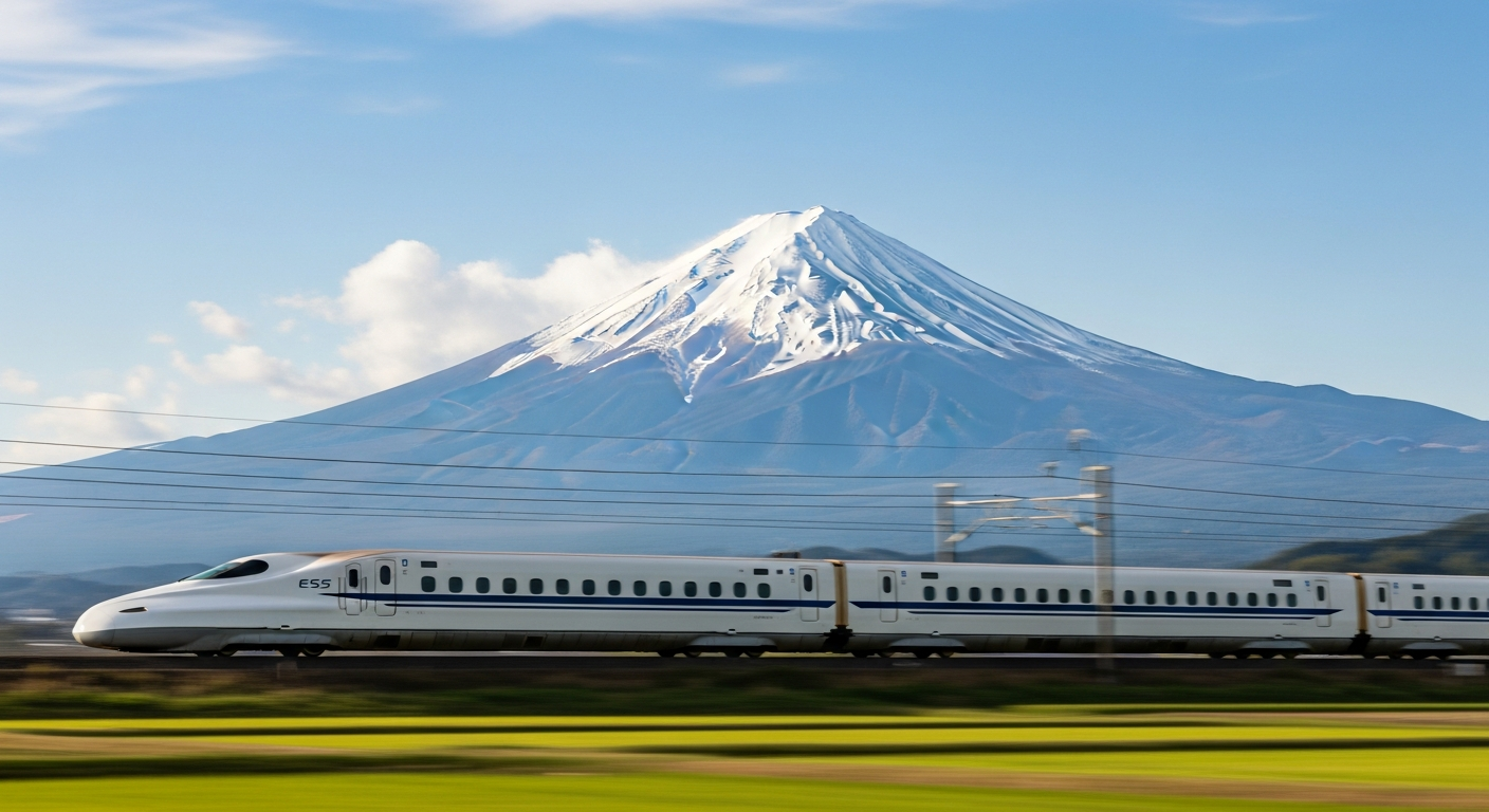 shinkansen bullet train passing mt fuji