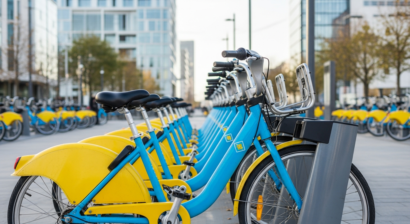 row of public bicycles in city