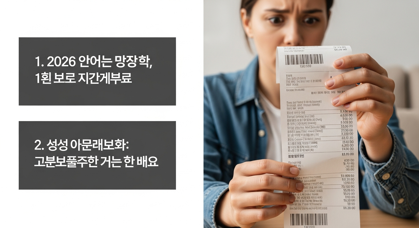 자취생 식비 줄이기, 1. 2026년 외식 물가 대란, 1인 가구 식비 현주소 2. 낭비 제로의 시작: 냉장고 파먹기와 식재료 소분 looking at expensive grocery receipt