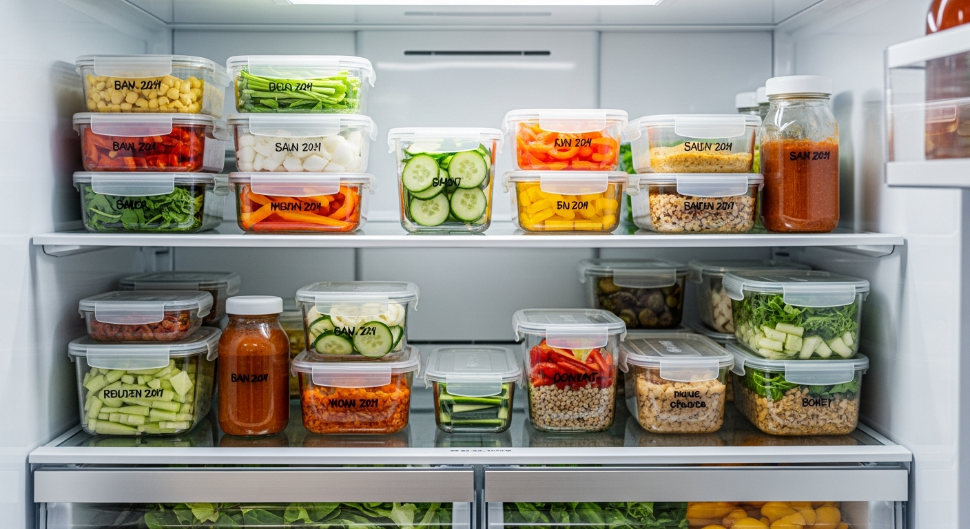 자취생 식비 줄이기, 1. 2026년 외식 물가 대란, 1인 가구 식비 현주소 2. 낭비 제로의 시작: 냉장고 파먹기와 식재료 소분 clear food storage containers in fridge